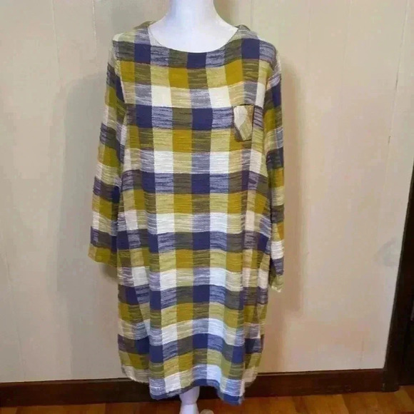 Purple Attic Blue, Cream & Mustard Yellow Long Sleeve Shirt Dress with Pockets. - Picture 1 of 11
